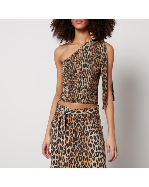 Damson Madder Brown Zadie Shirred Leopard-print Organic Cotton Top