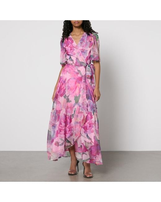 Hope & Ivy Pink Tessa Floral-print Chiffon Wrap Maxi Dress