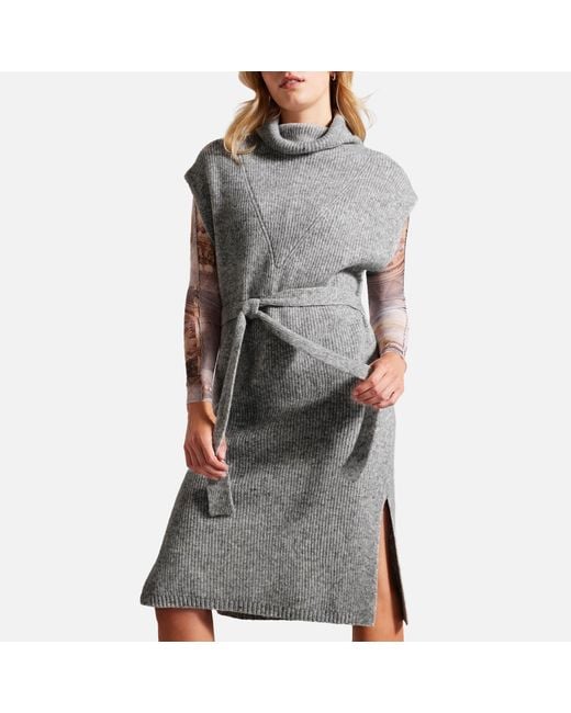 Ted Baker Gray Ribbed Knitted Wool-blend Midi Dres