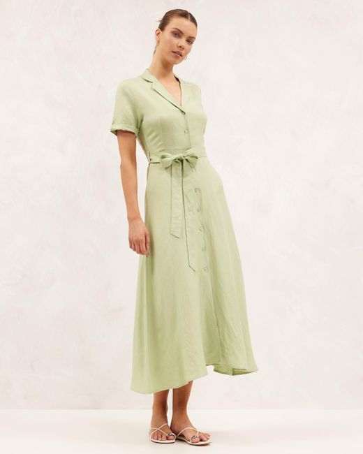 AERE Premium Linen Blend Camp Collar Shirt Dress in Green Lyst Australia