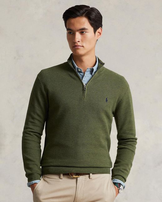 Polo Ralph Lauren Green Mesh Knit Cotton Quarter Zip Sweater for men
