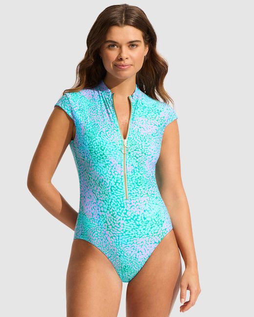 Seafolly Blue Sea Skin Zip Front One Piece