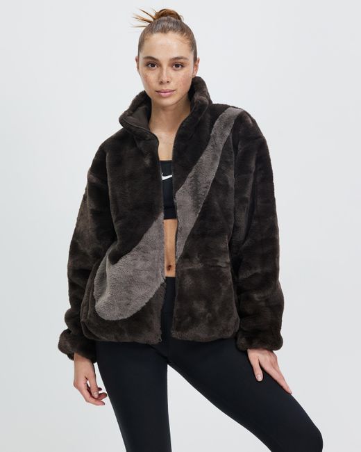 Nike Sportswear Faux Fur Swoosh Jacket in Brown Lyst Australia