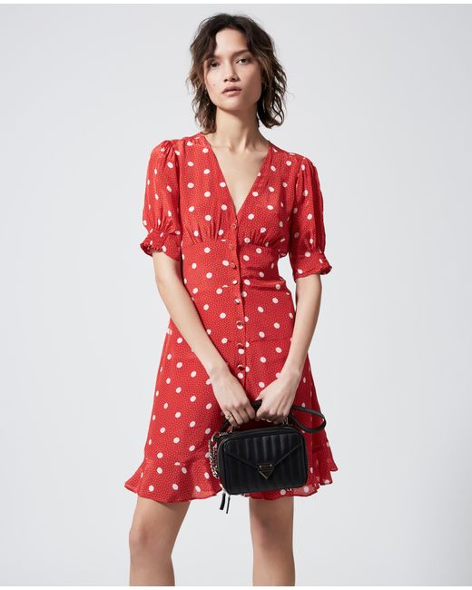 The Kooples Leather Red Short Printed Dress With Smocking | Lyst UK