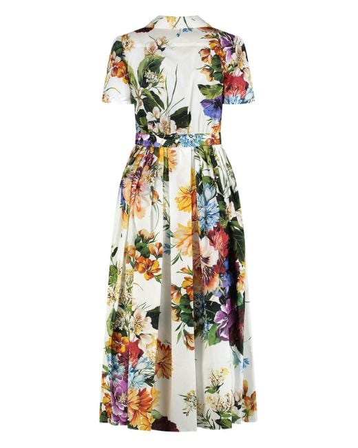 Dolce & Gabbana White Floral Print Poplin Midi Dress
