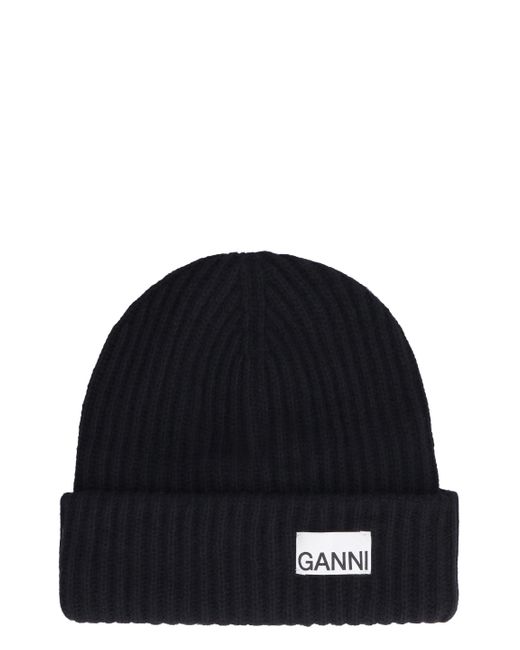 Ganni Wool Ribbed Knit Beanie in Black 