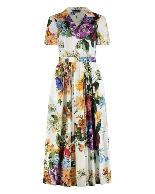 Dolce & Gabbana White Floral Print Poplin Midi Dress