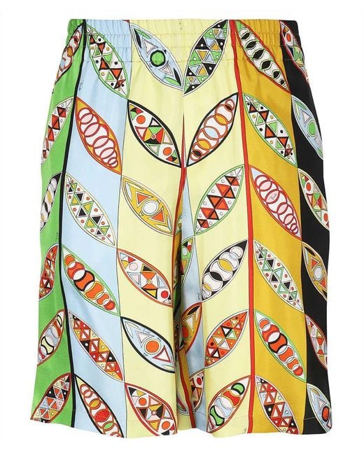 Emilio Pucci Yellow Leaf-Print Elastic-Waistband Shorts for men