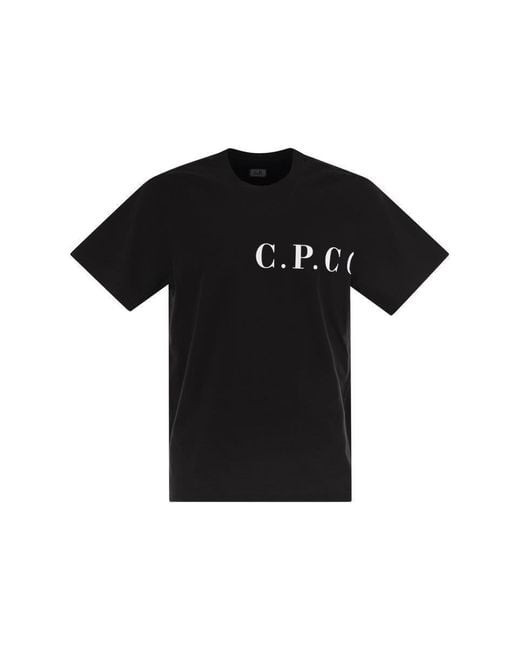 C P Company Black T-Shirt With Logo Print On Chest And Back for men