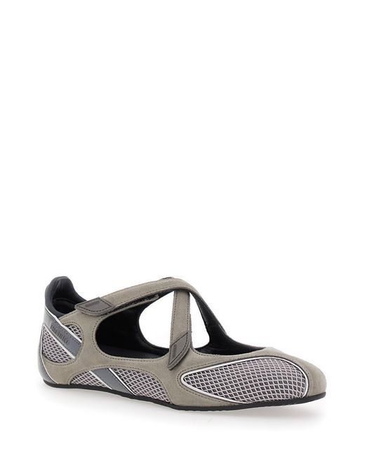 The Attico Gray 'Nomad' Ballet Shoes With Criss-Crossed Straps And Mesh Panels
