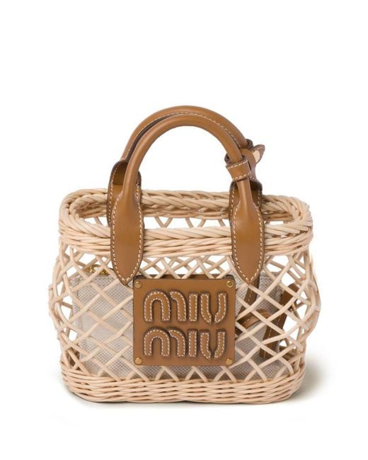Miu Miu Metallic Logo Application Woven Basket Micro Tote Bag
