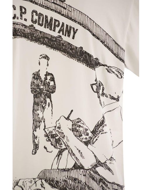 C P Company White Cotton T-Shirt With Print On The Back for men