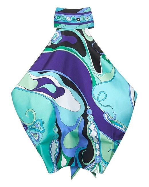 Emilio Pucci Blue Orchid-Print Silk Halterneck Top