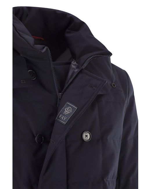 Fay Blue Double-Breasted Down Jacket With Hood for men
