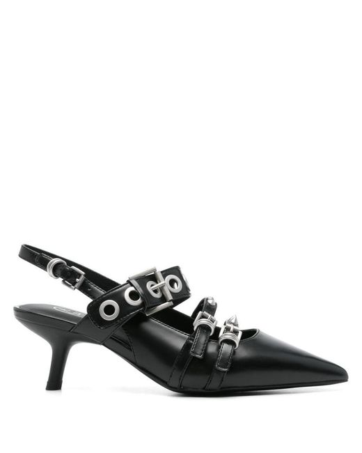 Ash Black Pointed-Toe Slingback Heels With Metallic Eyelets And Studs