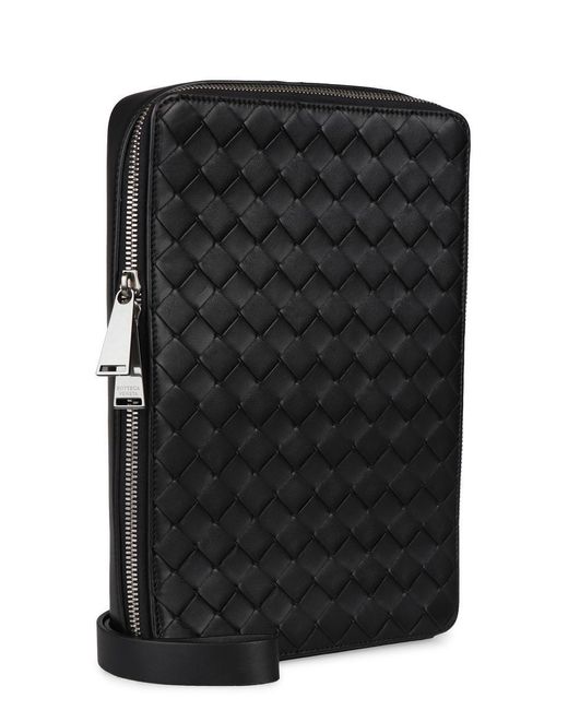 Bottega Veneta Black Maxi Intreccio Leather Messenger Bag for men