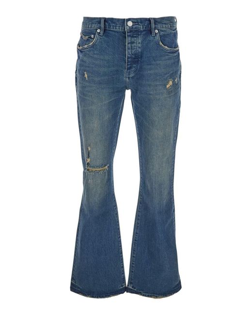 Purple Brand Blue Flared Jeans With Ripped Details On The Front And Logo Patch On The Rear for men