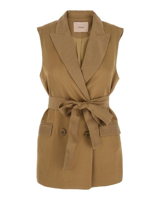 Twinset Natural Double-Breasted Vest With Peak Revers And Adjustable Belt
