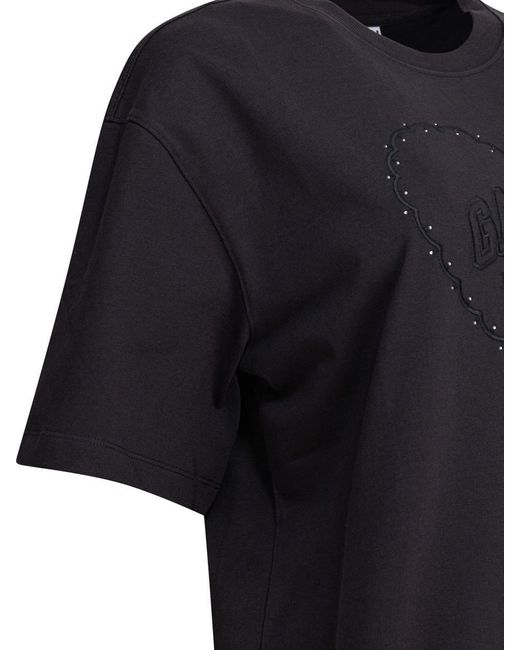 Ganni Black Heavy Cotton Drop Shoulder Heart T-Shirt
