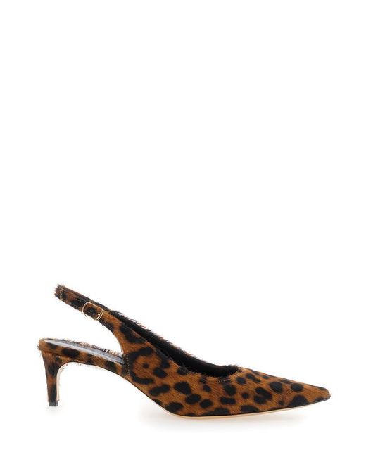 Plain Brown 'Luisa' Slingback Pumps With Medium Stiletto Heel And Leopard Print All-Over