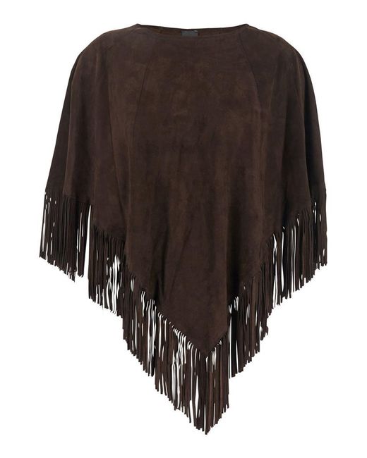 Plain Brown 'Irene' Cape With Boat Neckline And Fringed Hem