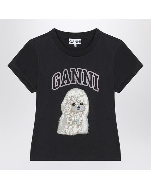 Ganni Black Washed T-Shirt With Poodle Print