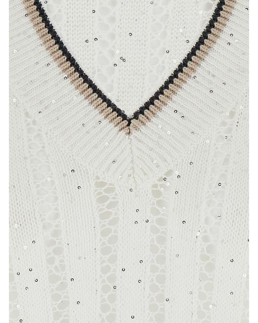 Brunello Cucinelli White Sequin Sweater With Ribbed V Neck