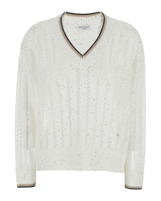 Brunello Cucinelli White Sequin Sweater With Ribbed V Neck