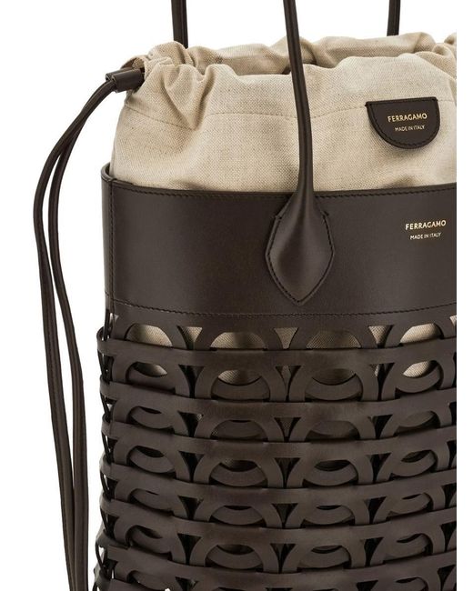 Ferragamo Black Tote Bag With Cut-Out And Magnetic Closure And Drawstring Closure
