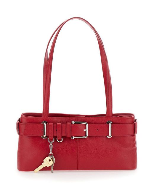 OSOI Red 'Brocle' Shoulder Bag With Belt And Pendant Key Details
