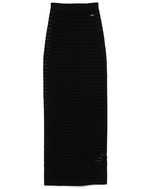 Elisabetta Franchi Black Long Fitted Skirt With Open-Knit Design And Subtle Slit