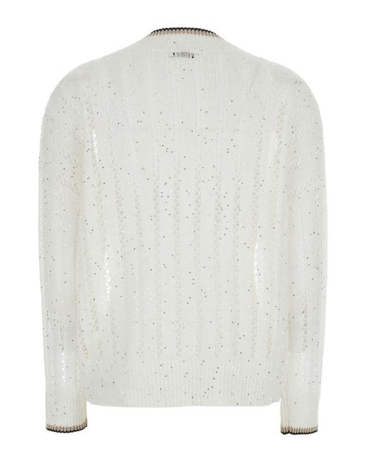 Brunello Cucinelli White Sequin Sweater With Ribbed V Neck