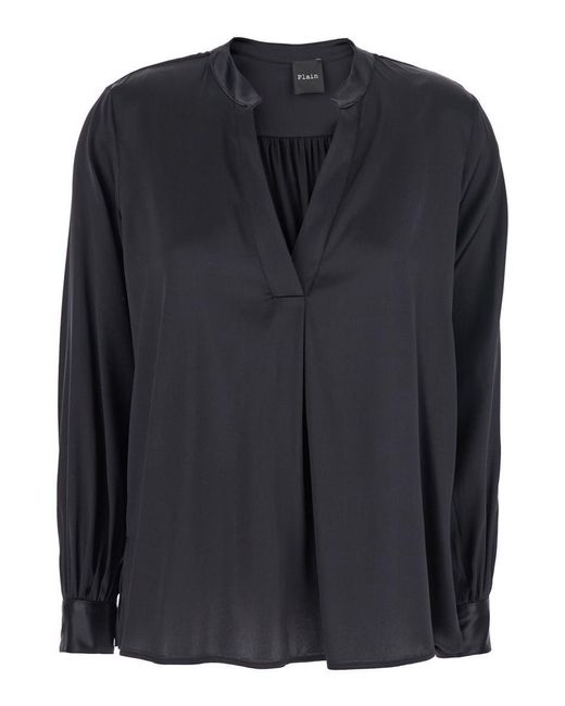Plain Black Blouse With V Neck And Buttoned Cuffs