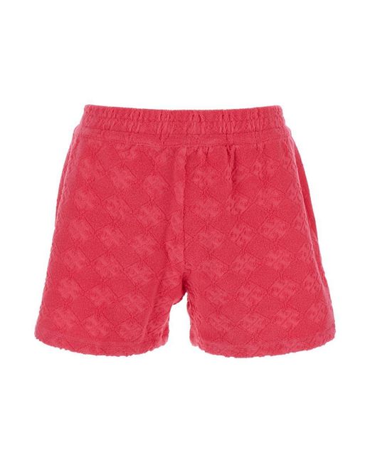 Tory Burch Red 'Terry' Shorts With Elastic Waist And All-Over Logo Embroidery