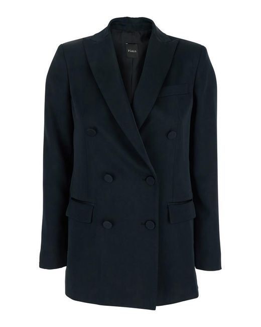 Plain Blue Double-Breasted Jacket With Peak Revers