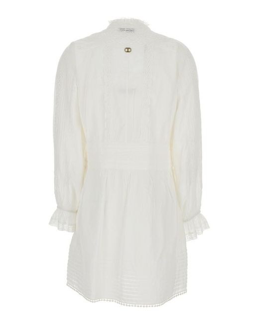 Twinset White Dress With Pleated Details And All-Over Applied Embroidery