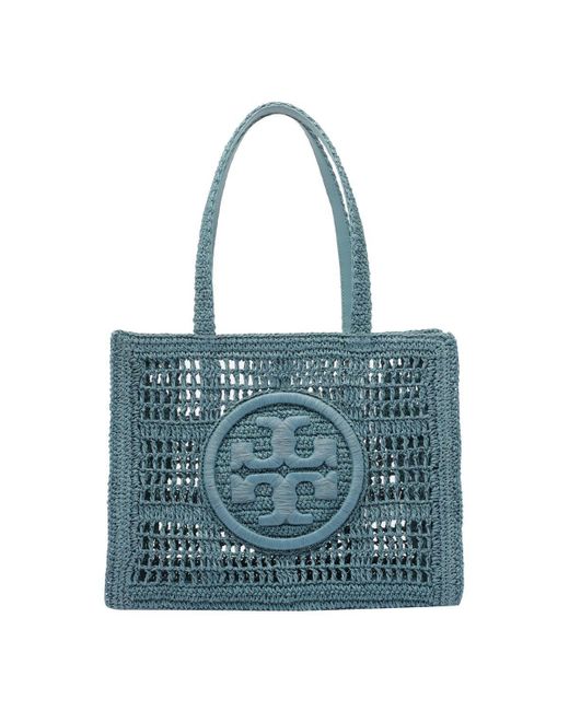 Tory Burch Blue 'Ella' Shopper With Woven Design And Embroidered Logo On The Front