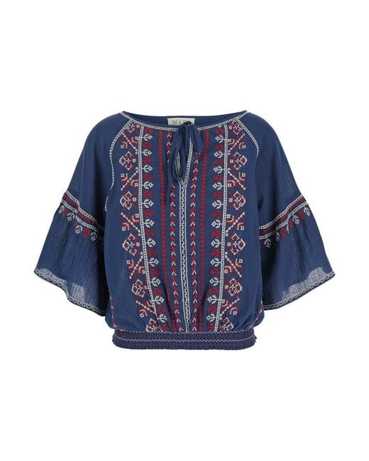 M.A.B.E Blue Top With V Neck On The Front And All-Over Embroidered Motif