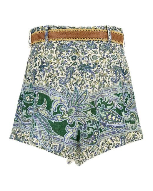 Zimmermann Green Paisley Print Linen Shorts