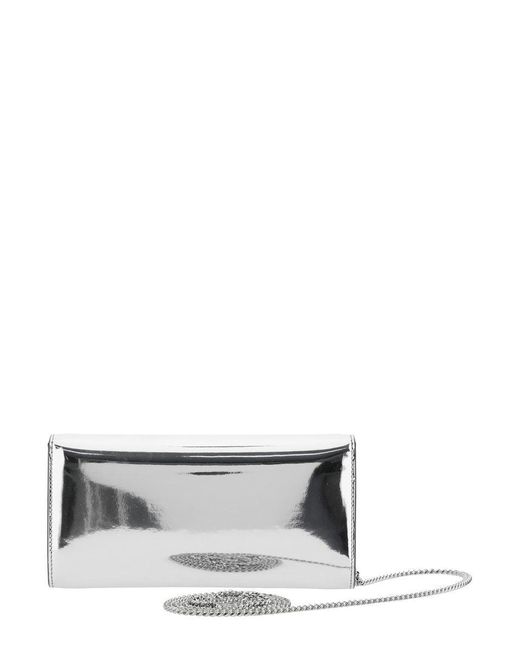 Jimmy Choo Gray 'Emmie' Metallic Envelope Clutch With Logo Lettering On The Front And Chain-Link Shoulder Strap
