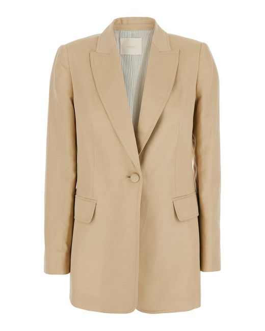 Twinset Natural Jacket With Classic Lapels And Metallic Logo On The Back