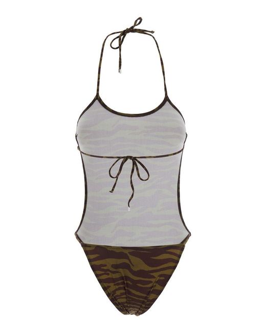 The Attico Brown Swimsuit With Halterneck With Tie And All-Over Print