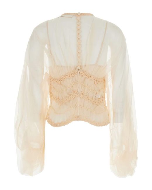 Zimmermann Natural 'Illuminate' Crewneck Top With Elastic Hems And Semi Sheer Design