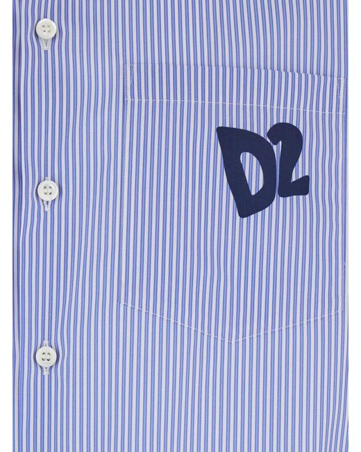 DSquared² Blue Shirt With All-Over Striped Motif And Applied D2 Logo On The Chest for men