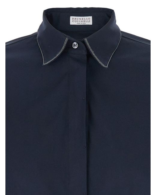 Brunello Cucinelli Blue Shirt With Pointed Collar And Monil Detail On The Collar