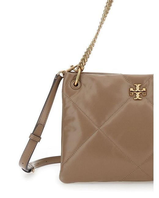 Tory Burch Brown 'Kira Diamond' Quilted Shoulder Bag With Chain-Link Shoulder Strap And Double T Logo Plaque On The Front