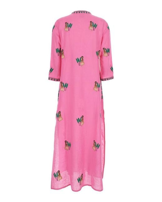Nimo With Love Pink Caftan With V-Neckline And All-Over Applied Embroidery