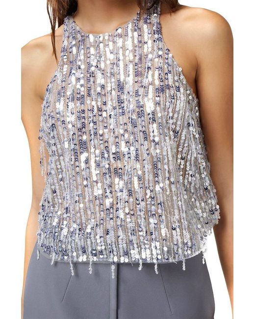 Elisabetta Franchi White Sequined Halter Top With Fringe Detail And Silhouette