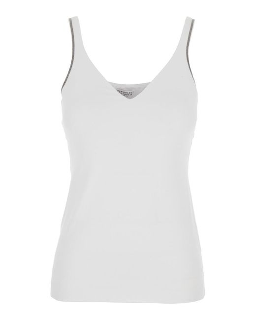 Brunello Cucinelli White Sleeveless Top With V Neck And Monil Detail On The Shoulder Straps