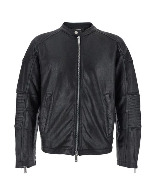 DSquared² Black Biker Jacket With Zip Closure And Twinbro Logo Imprinted On The Back for men